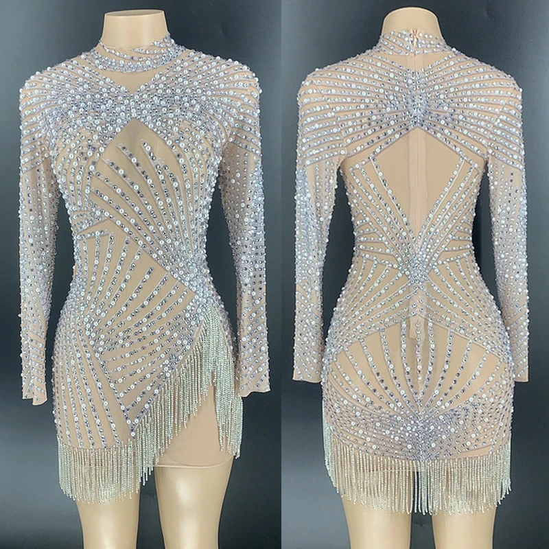 

Full Silver Stones Transparent Fringes Mini Dress Women Dance Show Dress Birthday Celebrate Dress Evening Prom Outfit XS4429