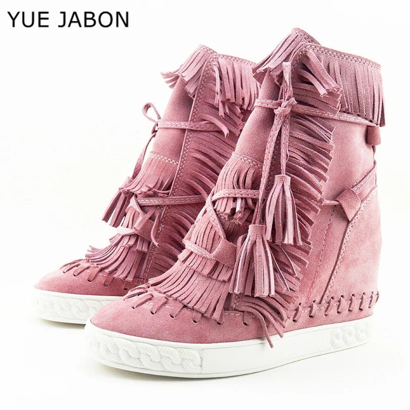 Nude Woman Cow Suede Leather Tassel Ankle Boots Womens Height Increasing High Heels Shoes Female Plus Size Lace up