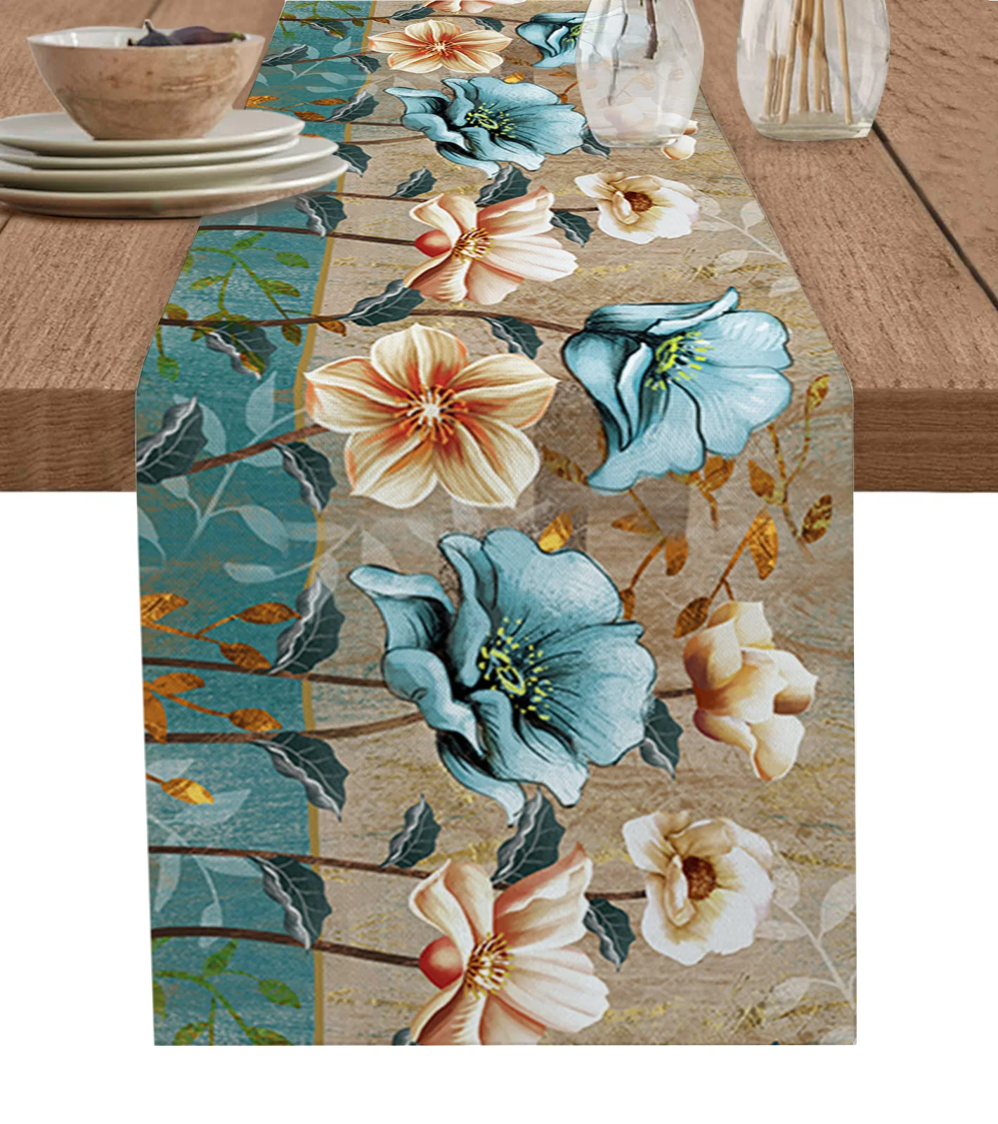 

Flowers Tulips Table Runner Wedding Decoration Cotton Linen Table Runner for Holiday Party Kitchen Table Decor
