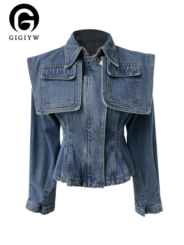 

[GIGIYW] Design Large Shawl Pocket Crimp Waist Short Zipper Denim Women's Jeans Demin Jacket Style Women Autumn 2022 New KZ253