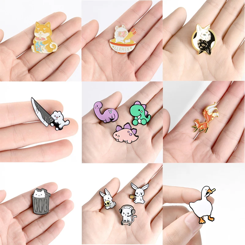 

Animal Enamel Pin Custom Cat Dog Pig Duck Rabbit Dinosaur Cartoon Brooches Bag Lapel Pin Cartoon Fun Badge Jewelry Gift