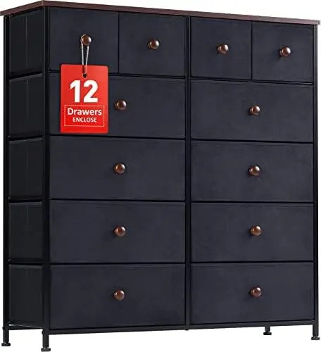 

Drawer Tall Dresser, Storage Chests of Drawers, Black Fabric Dresser for Bedroom Closet Nursery Living Room, Wooden Top and Meta