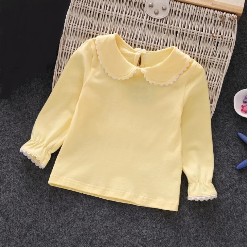 Girls T-shirts Solid Long Sleeve Cotton T Shirt Peter Pan Collar Baby Toddler Girl Blouse Shirts Kids Tops Clothes