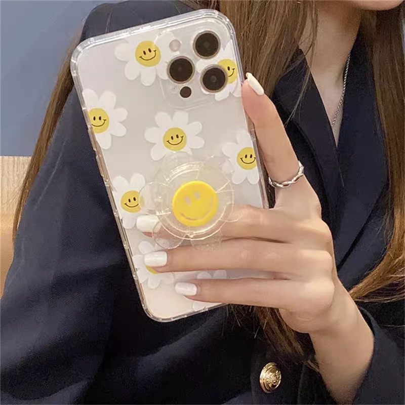 

Korean Cute 3D Sun flower Bracket Phone Case For iPhone 11 12 13 Pro XS Max X XR SE 7 8 Plus Funny Daisy Soft Silicon Back Cover