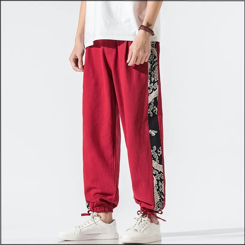 

Chinese Style Design Harem Pants Men Baggy Run Pants Japanese Style Male Crotch Wide Leg Pants Casual Loose Printing Trousers