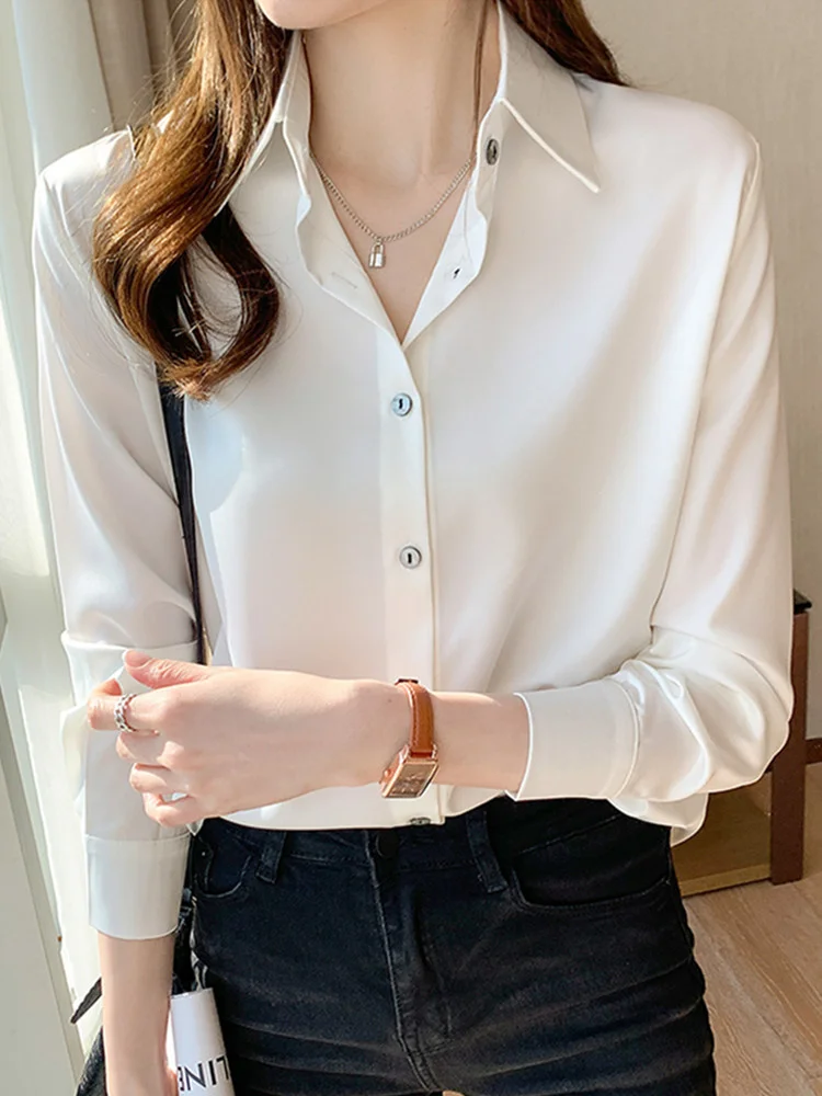 

2023 Модная шелковая рубашка, женские рубашки с длинным рукавом, Женская белая рубашка, женская шелковая блузка, топы, повседневные однотонны...