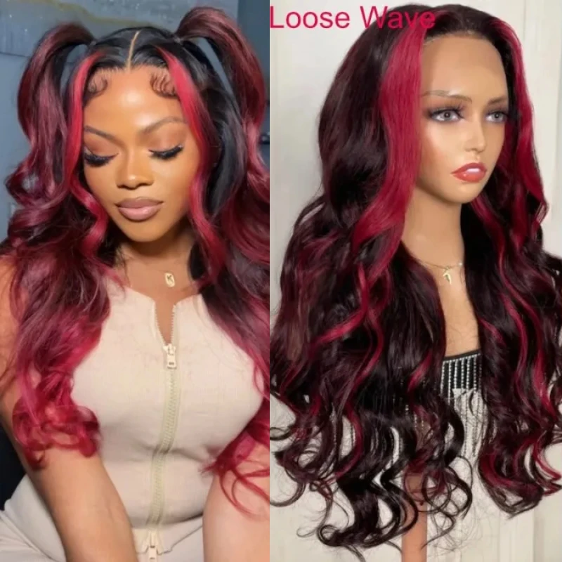 

Unice Hair Dark Burgundy With Rose Red Highlights Gorgeous Loose Wave 13x4 Lace Front Wig 150% Density Color Pre-plucked