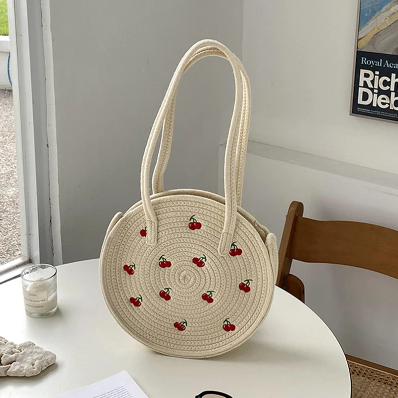 

New Arrival Cherry Weaving Bags for Women Handmade Cotton String Beach Bag Purse Straw Handbags
