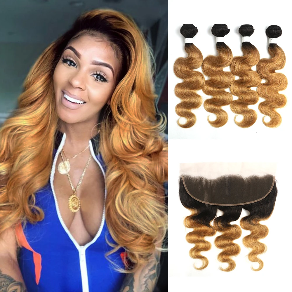 

Ombre Blonde T1B/27 4 Bundles With Frontal 13x4 SOKU Brazilian Body Wave Hair Weave Bundles With Closure 100% Remy Human Hair