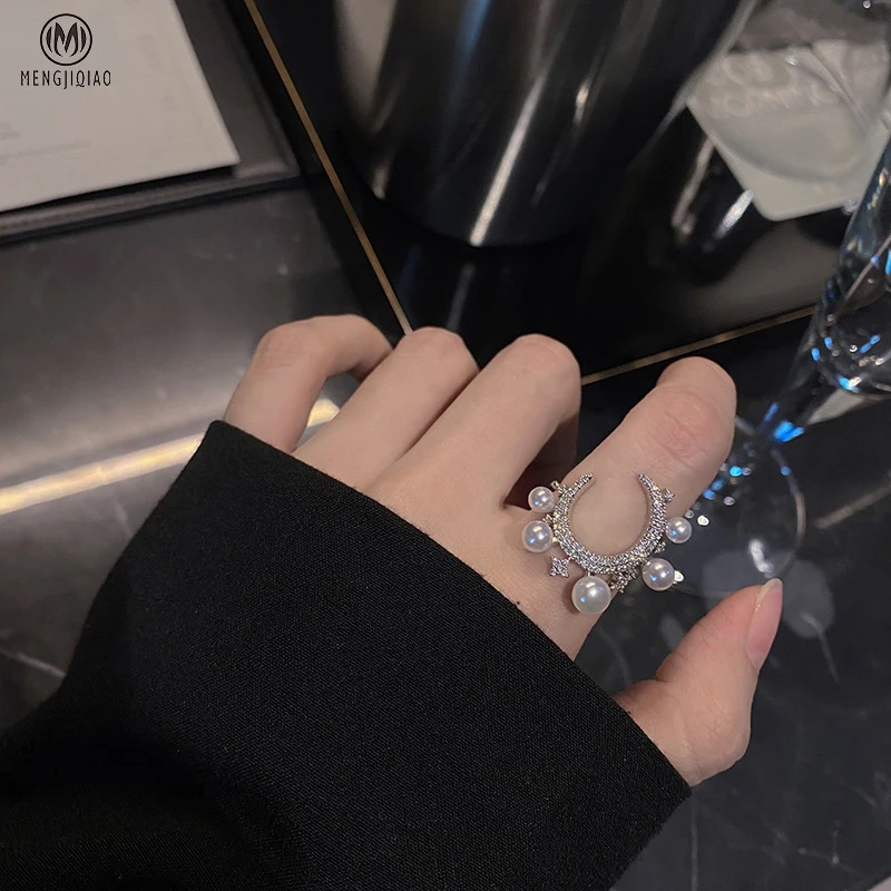 

MENGJIQIAO New Delicate Micro Paved Cubic Zircon Rings For Women Elegant Pearl Finger Ring Fashion Jewelry Girls Gifts