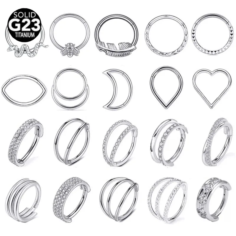 ASTM F136 G23 Titanium Septum Piercing  Heart CZ Daith Conch Hoop Earring Clicker Nose Segment Ring Double Triple Stacked 16G