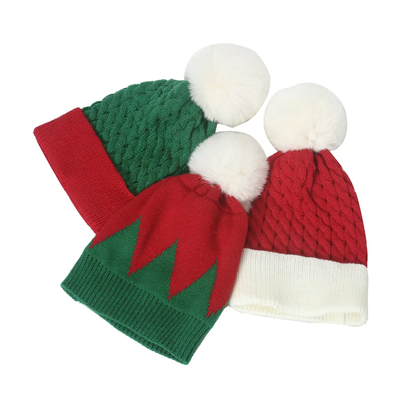 

Winter Art New Red Green Splice Holiday Fashion Versatile Knit Beanie Hat Christmas Pompom Hairball Cold Cap Photography Props