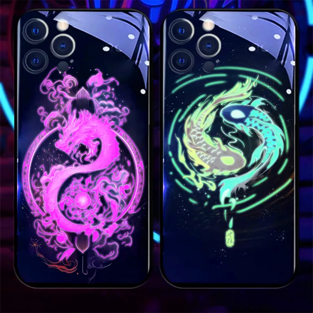 Чехол для телефона Dragon Totem Design Smart LED Light Glow из закаленного стекла iPhone 16 15 14 13 12 11 Pro Max