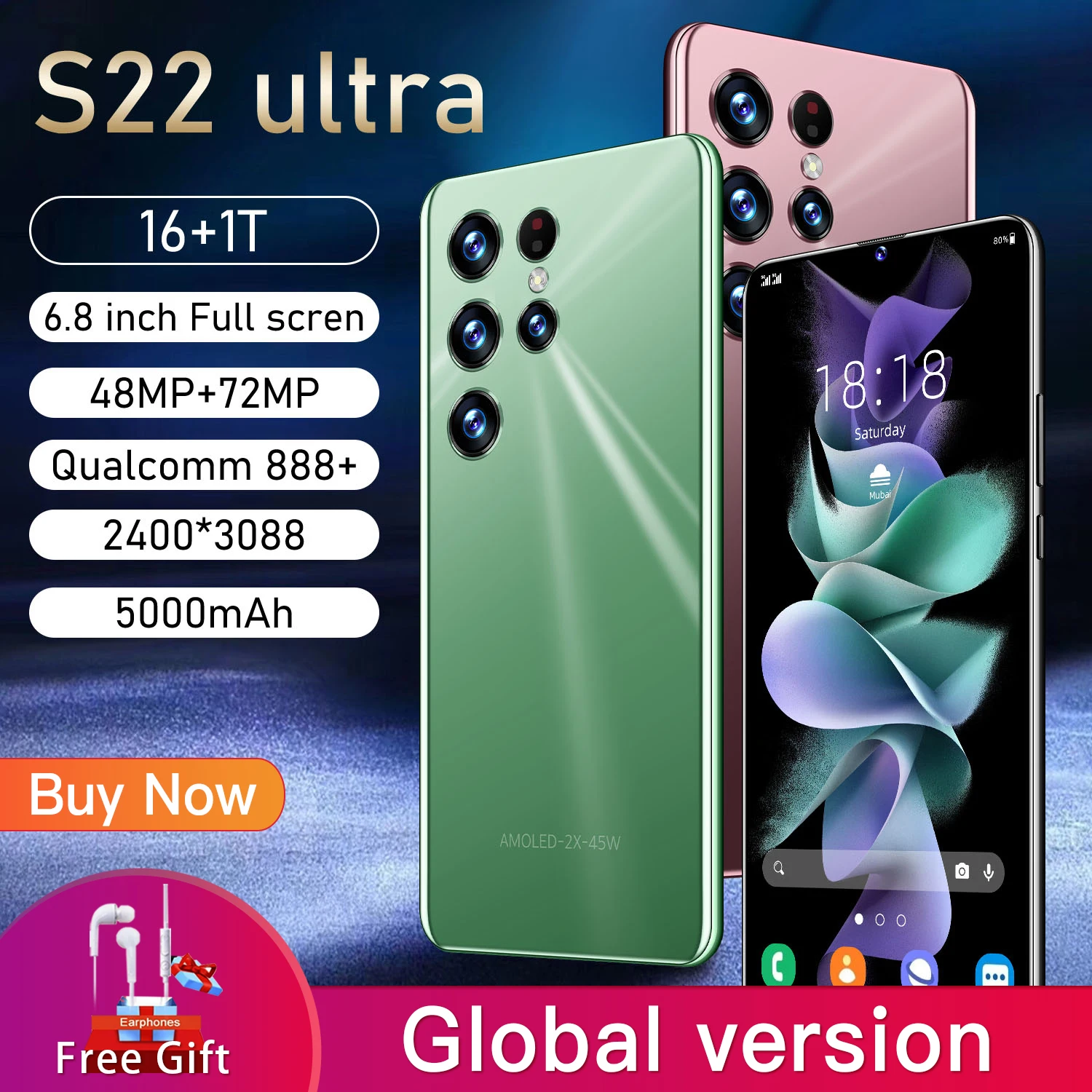 2022 New S22+ Ultra Global Version Smartphone 6.8 Inch 16GB+1TB 5000mAh 5G Network Unlock Smart  Qualcomm 888+ cellular phone