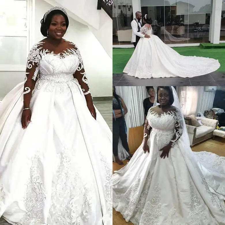 

Dubai Arabic Plus Size Satin Ball Gown Wedding Dresses 2022 Elegant Lace Beaded Bridal Gown Sheer Long Sleeves Court Train