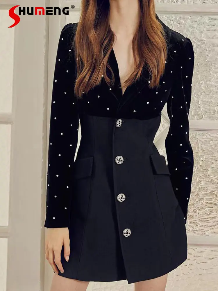 

Business Rhinestones Black Velvet Blazer Dress 2022 Autumn and Winter New OL Commuter Woman Long Sleeve Rhinestone Suit Dresses