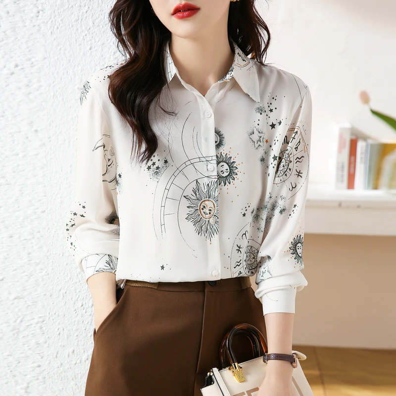 

Fashion Chiffon Blouse Women Loose Office Tops Casual Buttons Turn Down Collar Female Clothing Printing Long Sleeve Shirts 24484
