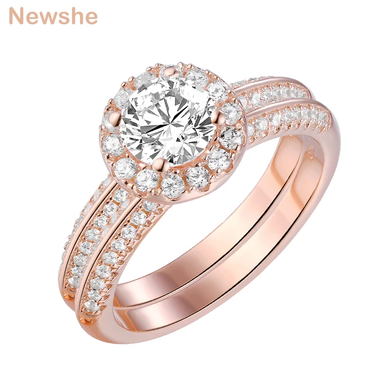 

Newshe 2Pcs Rose Gold Wedding Rings For Women 925 Sterling Silver Round Cut AAAAA CZ Engagement Ring Set