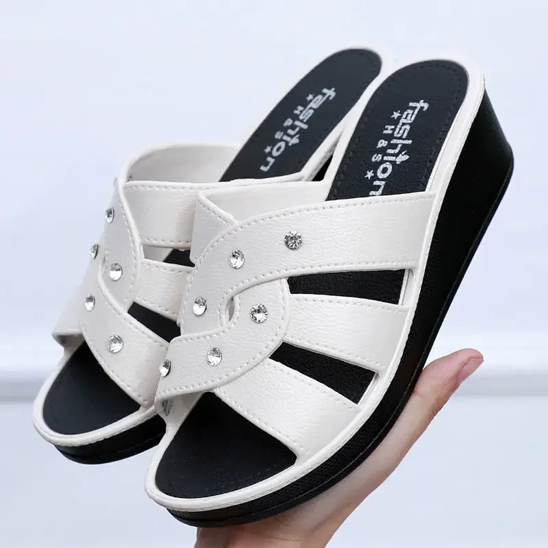 

Women's High Heel Slippers Summer Wear Thick Bottom Fashion Home Non-Slip Mother Shoes Soft Bottom Social Wedge Women Sandals