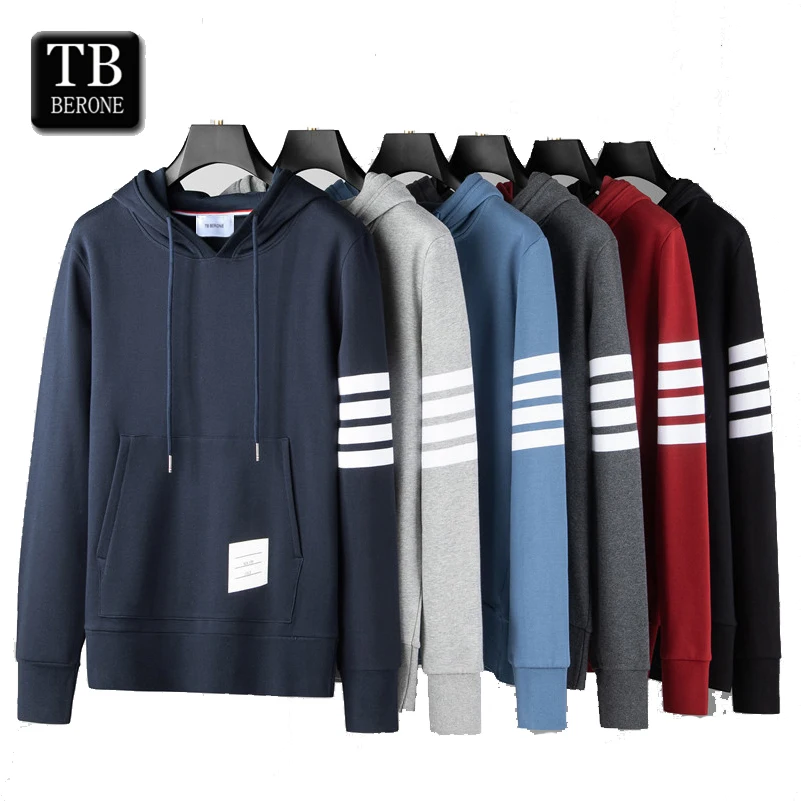 

TB BERONE Men's Webbing Hoodie Trend Sports And Leisure Couple Thom Brand Four-bar Striped Cotton Sweater Zipper With Cardigan