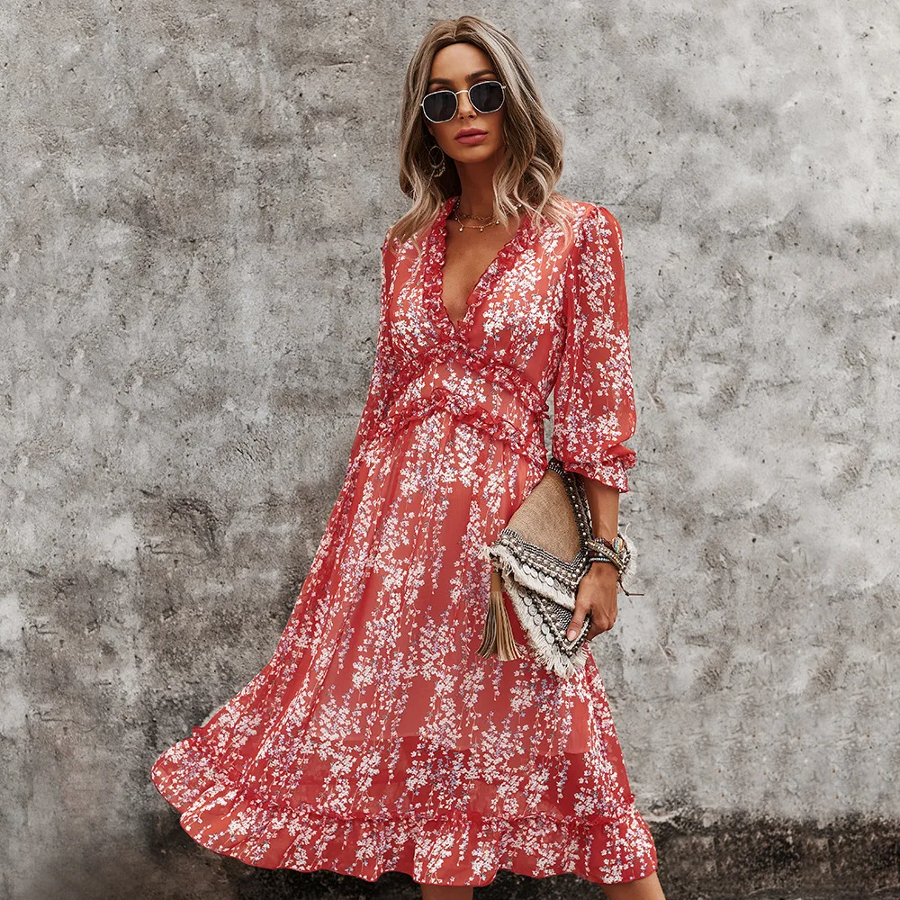 

Spring Vacation Floral Dress Printing Butterfly Sleeve Midi Dresses Woman Chiffon 2022 V-Neck Offfice Lady Sexy Casual Clothing