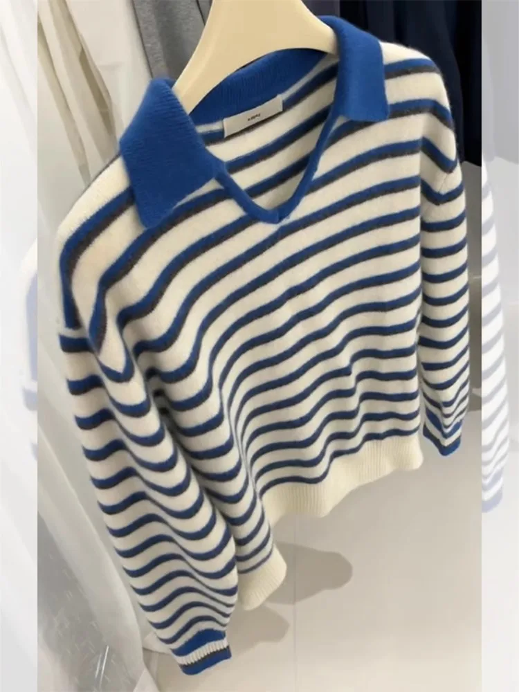 Высококачественный пуловер с лацканами в синюю полоску женский осенне-зимний