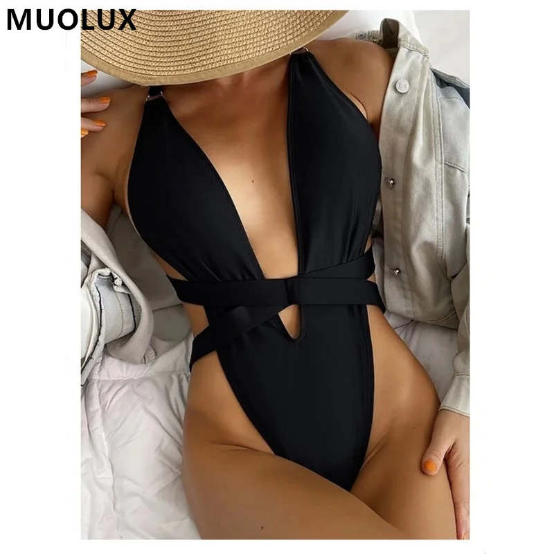 

Sexy Pink Deep One Piece Swimsuit 2022 New Cute V Neck Removable Pad Biquini Swimwear Bathing Suit Women Summer Beachwear