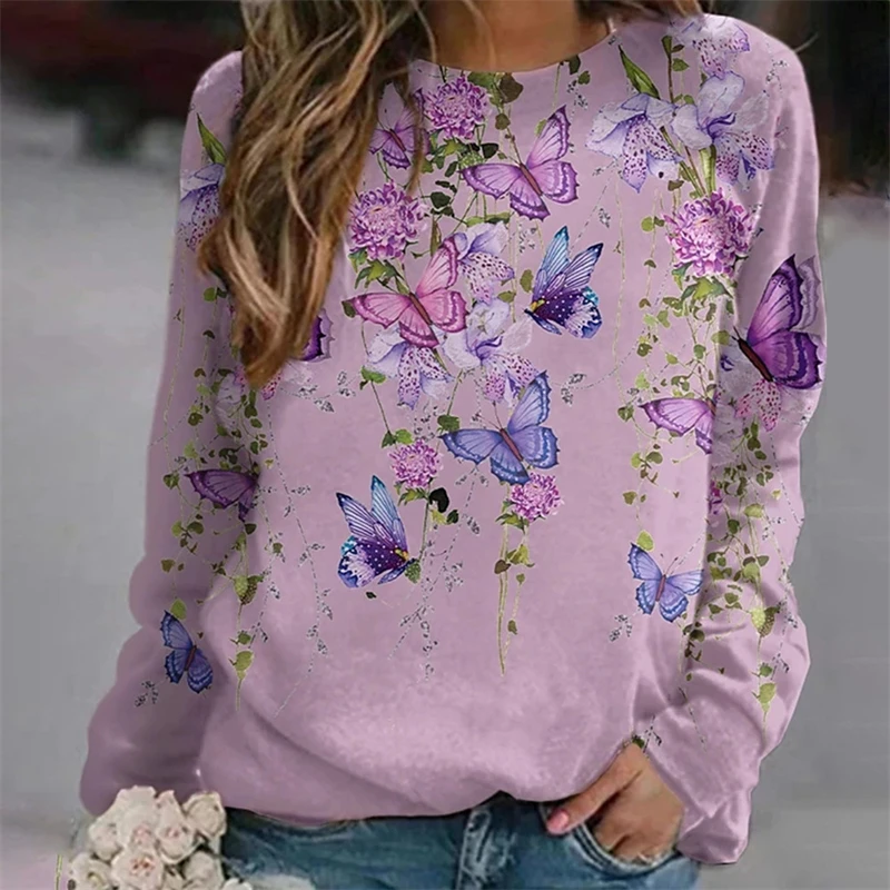 

Femme Sweatshirt Winter Round Neck Floral Butterfly Print Lady Tops Casual Long Sleeve Loose Outdoor Sweatshirts Woman Clothing