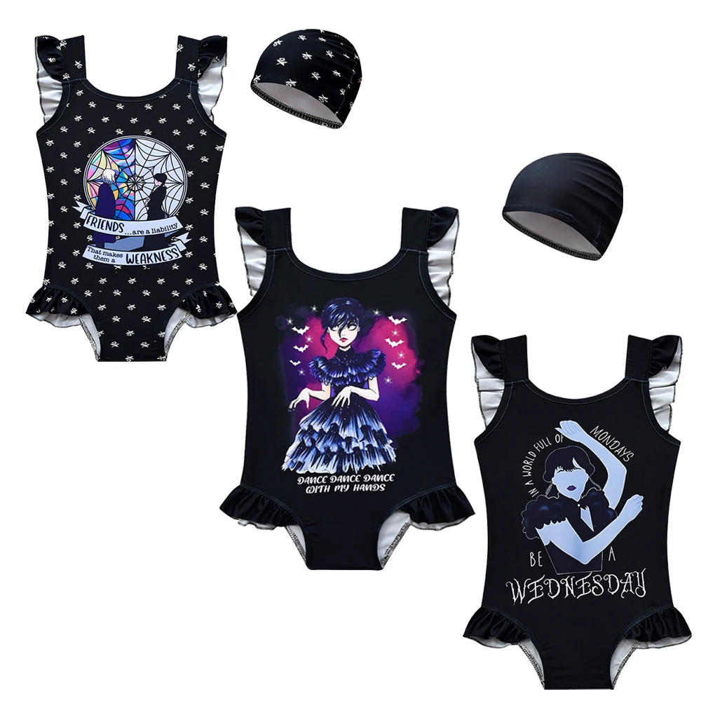 

Wednesday Addams Morticia Swimwear Kids Bath Swimsuit for Girls 6 7 8 9to10 12years Old One Piece Swimsuit Free Swimming Cap