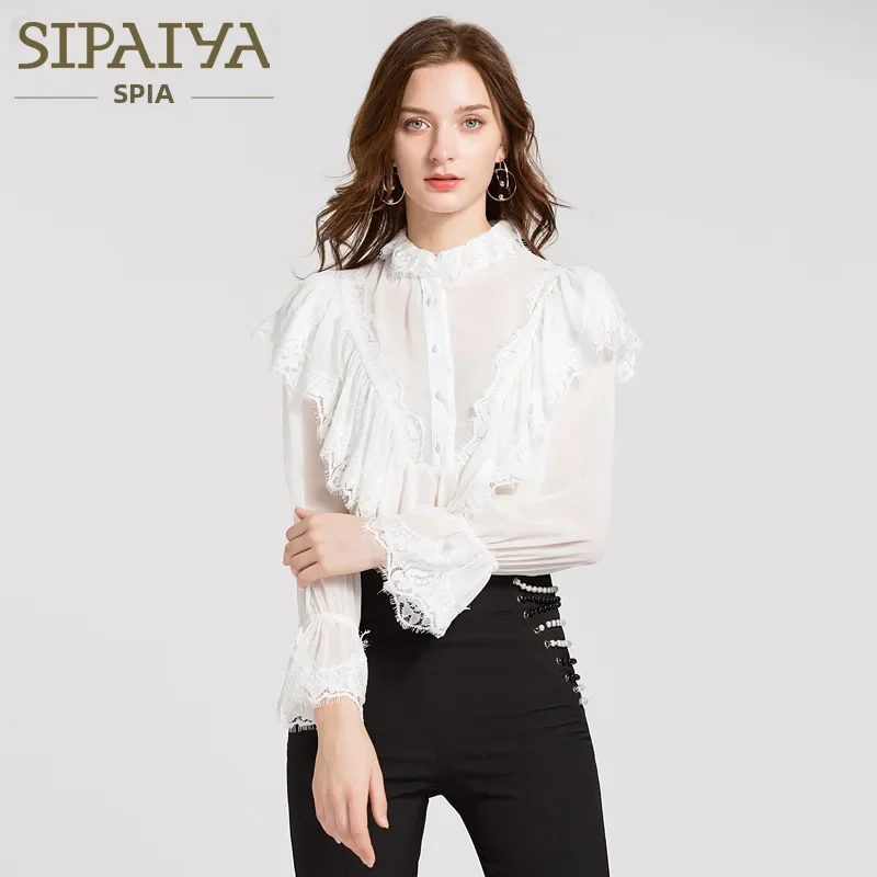 Женская Повседневная рубашка с длинным рукавом однотонная облегающая кружевная