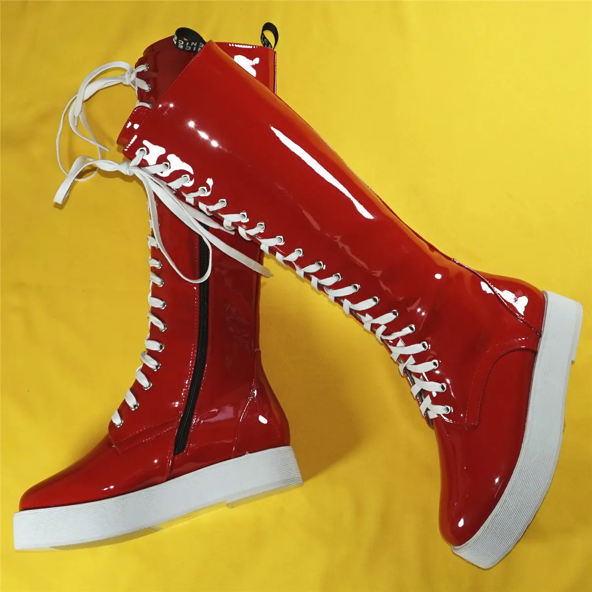 Red Fashion Sneakers Women Lace Up Patent Leather Knee High Boots Female Winter Round Toe Chunky Platform Pumps Casual Shoes