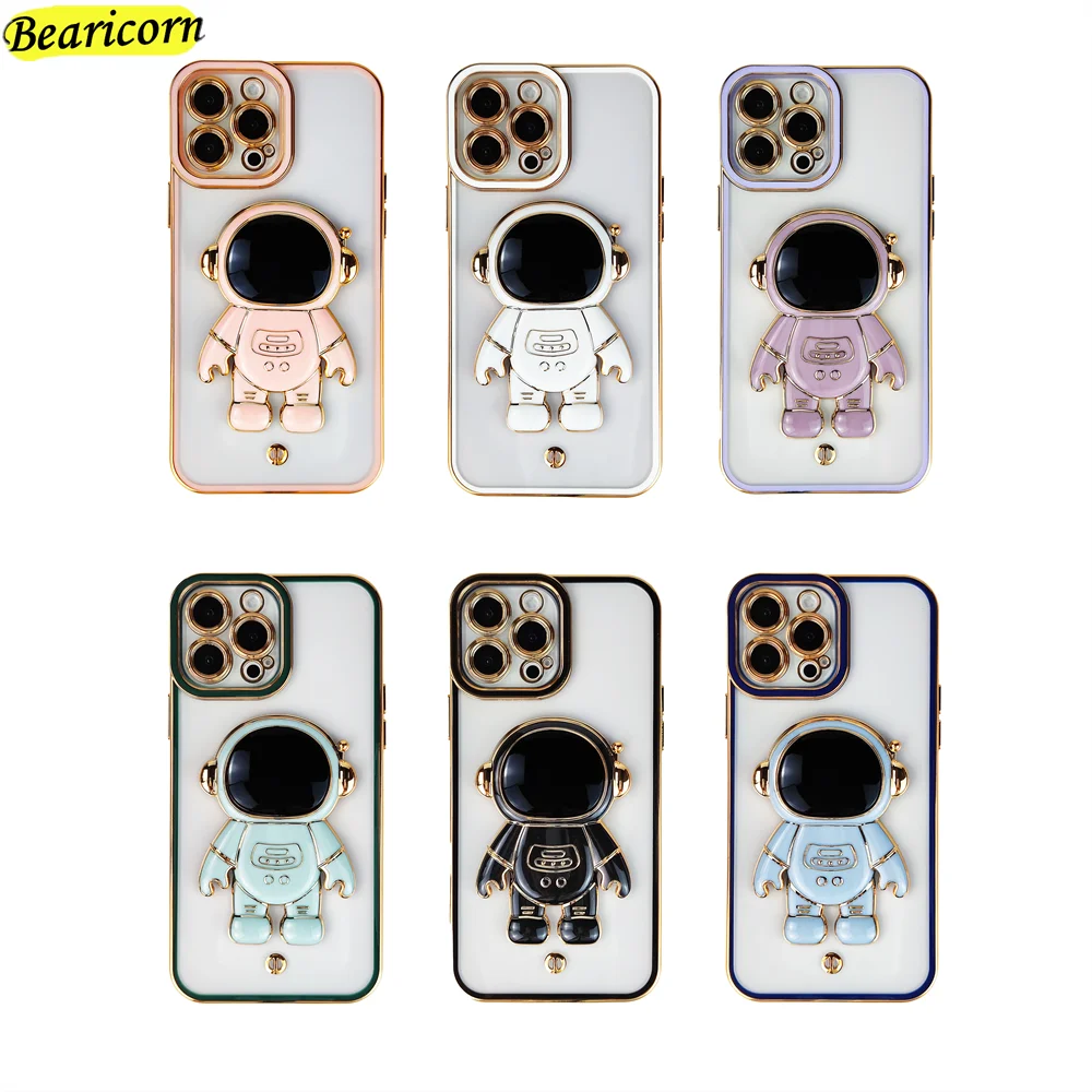Plating Astronaut Stand Phone Case For Realme C11 C12 C15 C20A C21Y C25S C25 C31 C35 Q3i Q5 V13 5G V23 V25 Lens Protection Cover