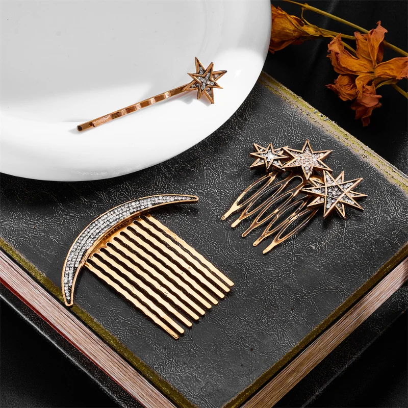 Gold Hair Combs Hair Sticks Copper Metal Hairpin Moon Star Pattern Gold Retro Headwear for women Chinese Style Hair Accessories