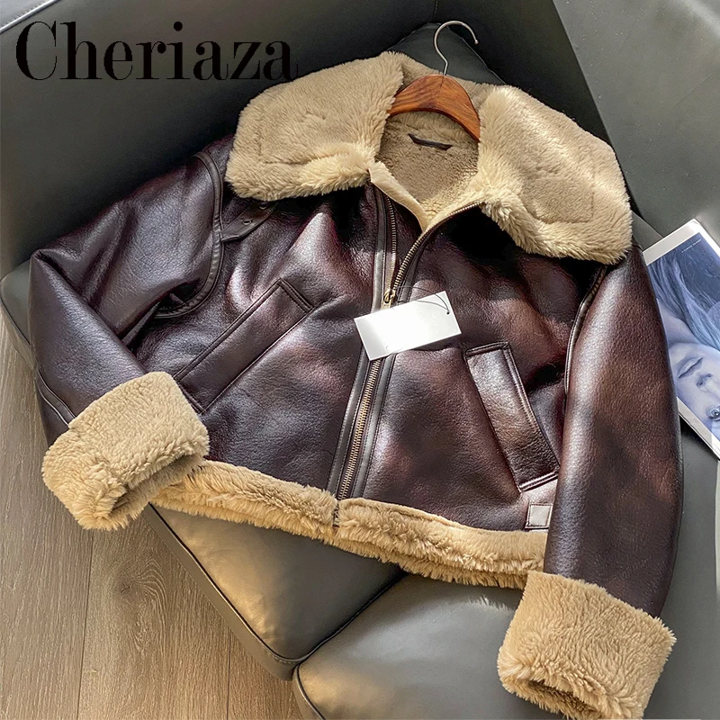 

Cheriaza Autumn Winter Dark Brown Faux Leather Jacket Woman Casual Long Sleeves Large Lapel Short Jackets Zipper Outerwear Top