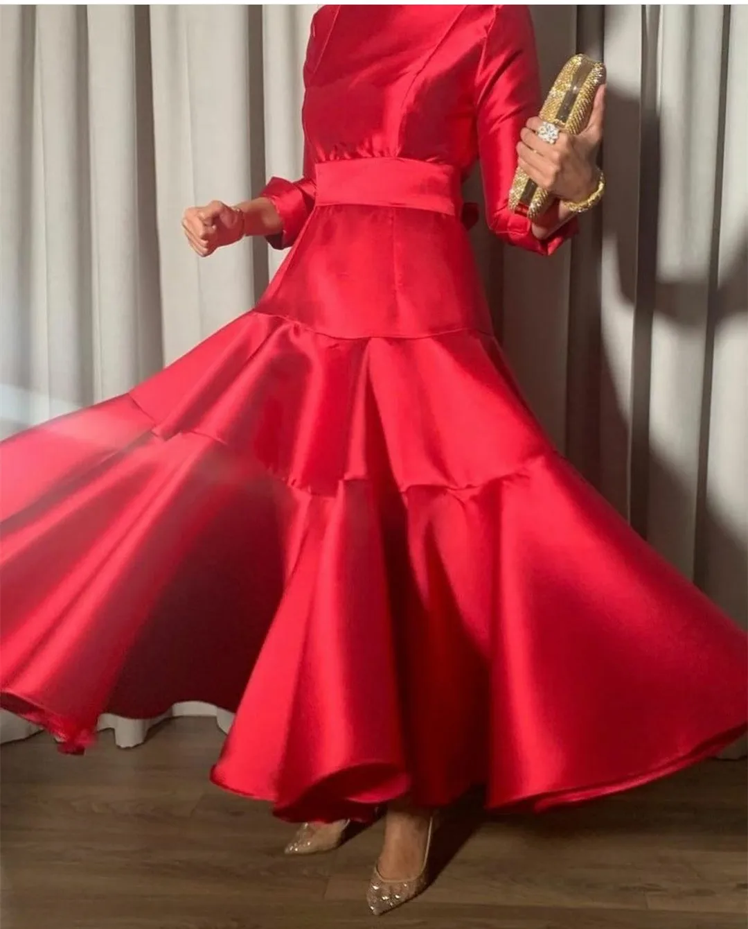 

3/4 Sleeves Cocktail Party Dresses for Musilm Tea-Length Satin Pleated Red Evening Dress for Women A-Line vestido fiesta