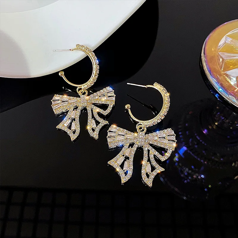

YAMEGA Sparkling Rhinestones Earrings For Women Designer Dangle Party Drop Statement Korean Bowknot Earrings Fashion Jewelry