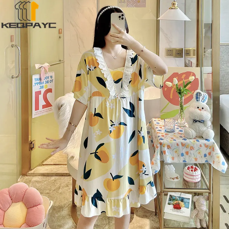 New 2023 Women's Sweet Nightgowns Spring Summer Women Short Sleeve Cartoon Floral Thin Sleeping Dress Sleepwear Casual Pajamas