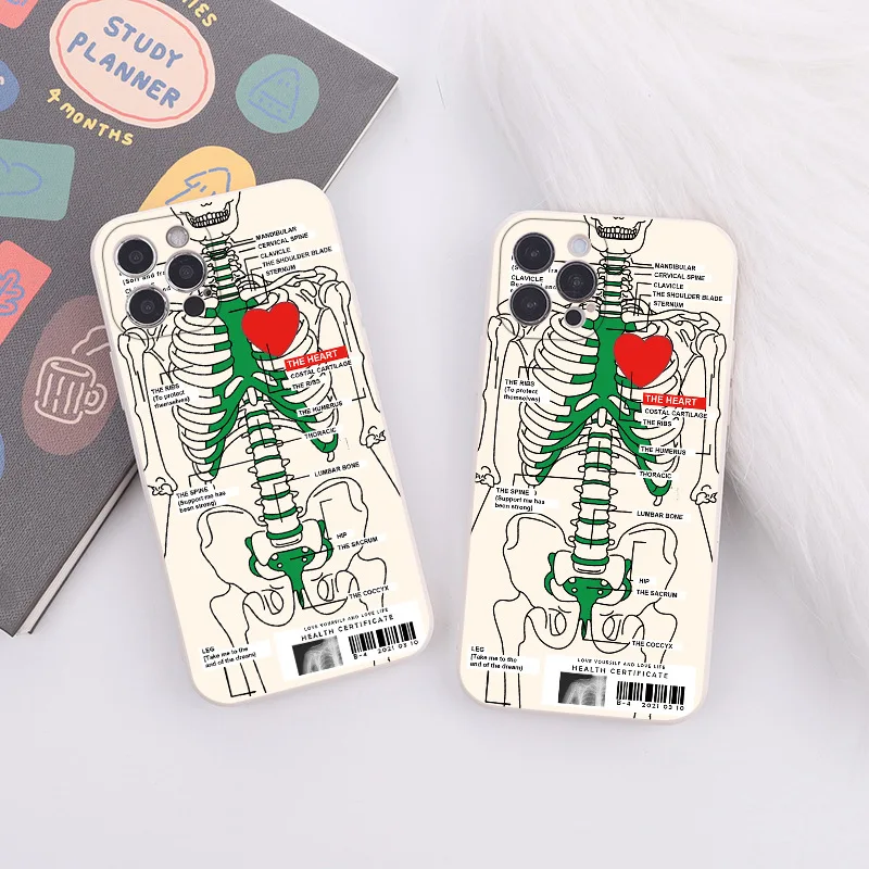 Heart Skeleton Phone Case For iPhone 13 14 Pro Max 11 12 XS XR 7 8 Plus Creative Shockproof Soft Silicone Phone Case Back Cover