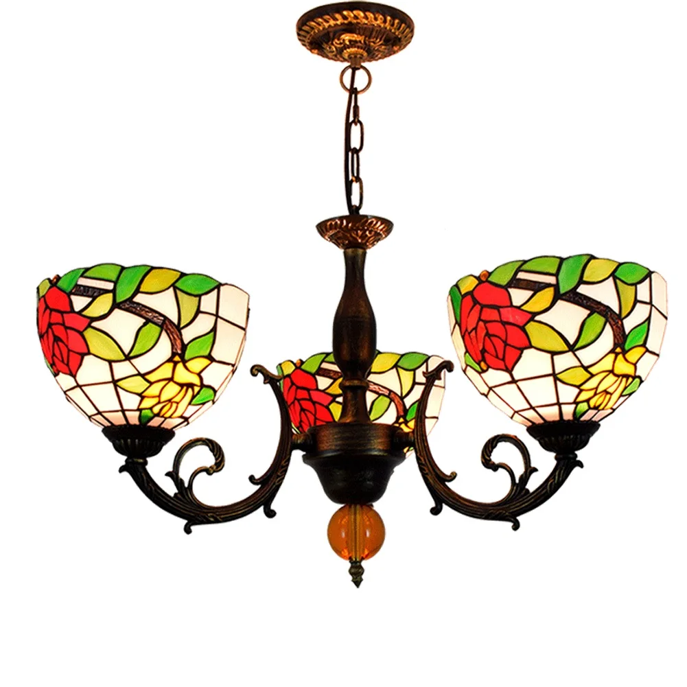 

Stained glass living room chandelier 8 Inches Stained glass Style Chandelier Stained Glass Pastoral Rose Lamp Shades 3 Arms