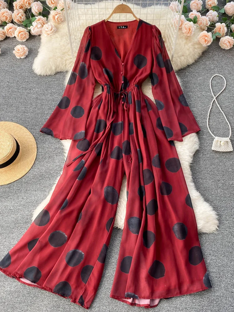 

FMFSSOM Summer New Women Elegant V-Neck Printed High Waist Slim Jumpsuit Fashion Casual Single Breasted Dot Drawstring Jumpsuit