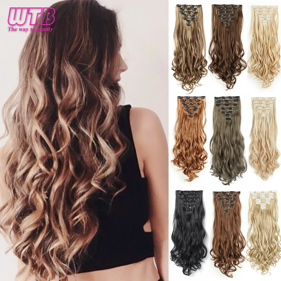 

WTB Synthetic Clip On Hair Extension 7Pcs/Set Long Wavy 22 inch Hairpiece Clip In Hair Natural Black Blonde 16 Clips Hairpieces