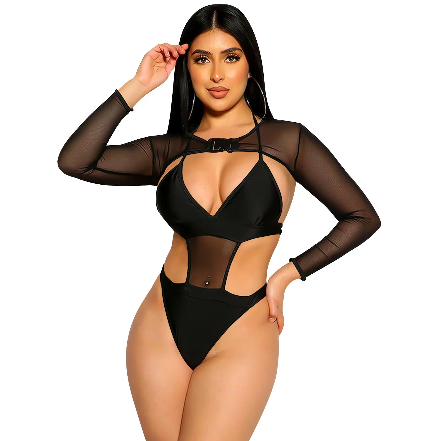 

Cutubly Swimsuit Outfits Sexy Summer 2 Pieces Mesh Crop Tops Bodysuits Underwear Two Piece Set Long Sleeve Button Bathing Suit