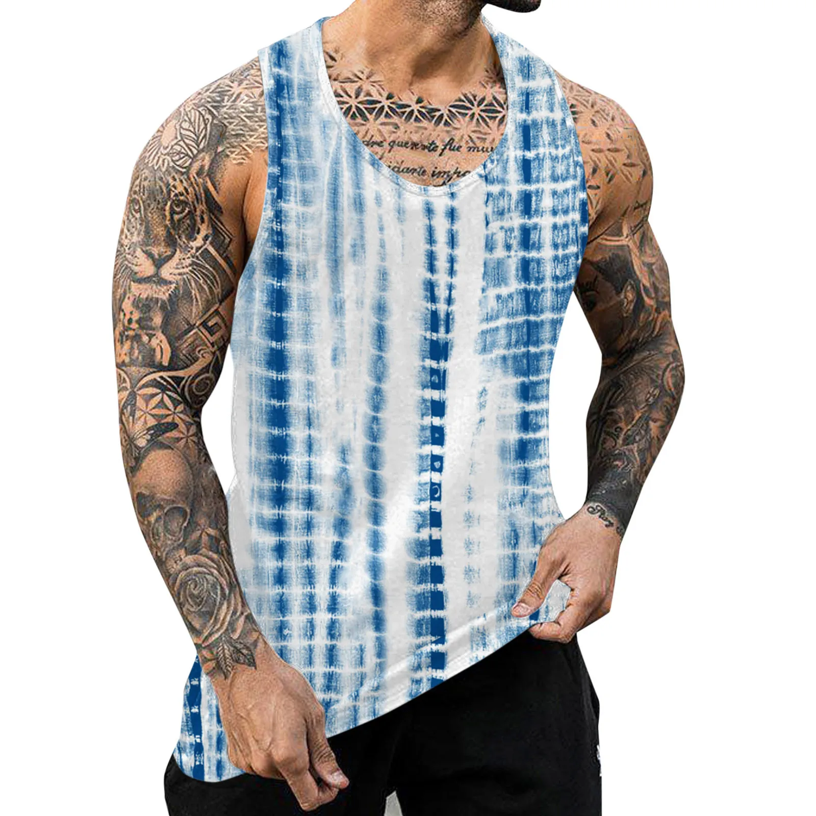 

Male Summer Casual Tie Dyed Striped Print Men Tank Tops Round Neck Sleeveless Vest Bodybuilding Compression Sleeveless Tops P5