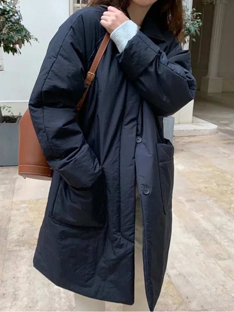 Womens Spring Autumn Jacket Oversized Loose Cotton Padded Thin Coat Turn Down Collar Long Outerwear Elegant Parkas