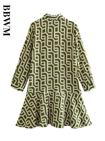 Geometry Print Dress Woman Linen Blend Mini Dresses 2023 Long Sleeve Fashion Elegant Chic Female Dress Summer Vintage Dress
