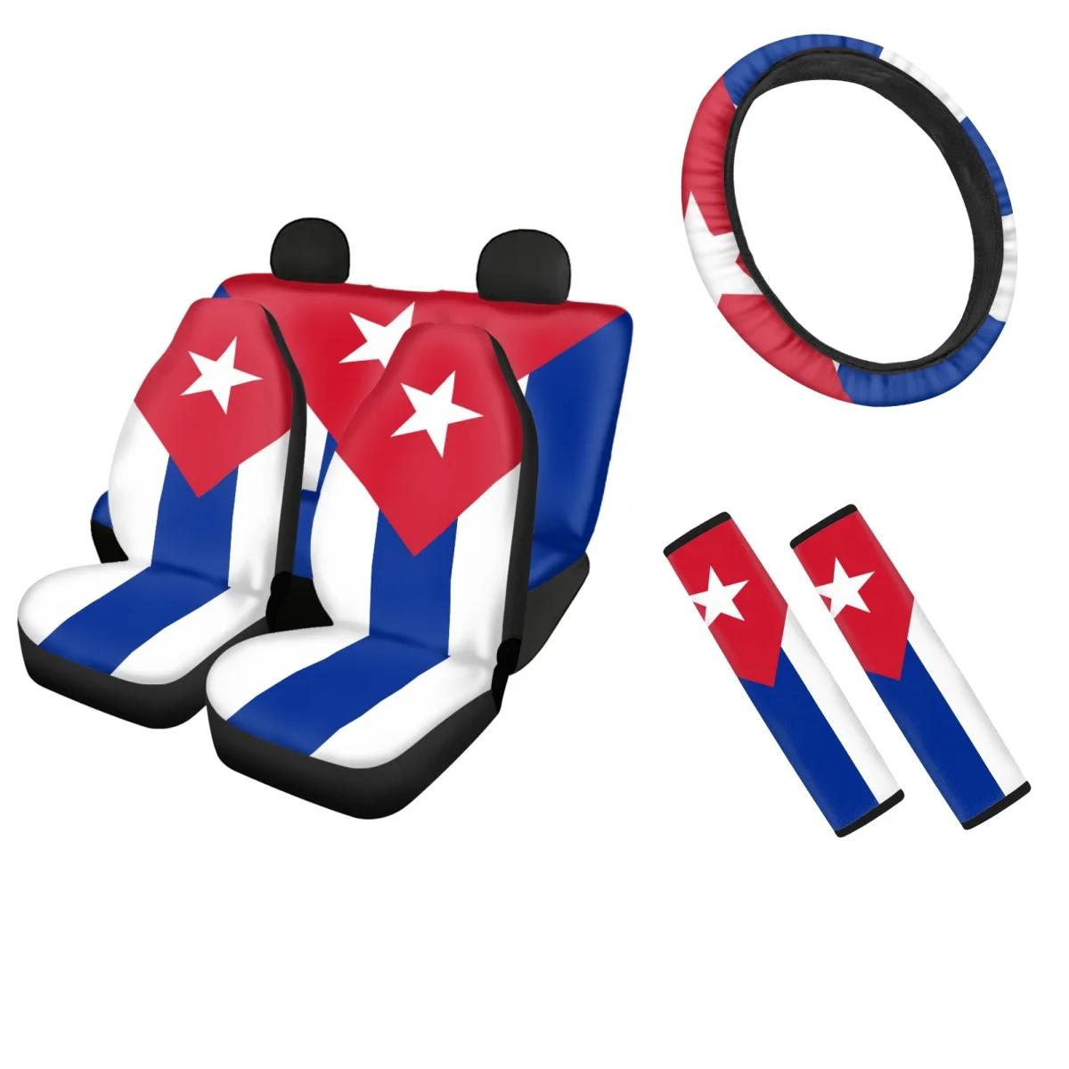 

Cuba Flag Print Universal Front and Back Car Seat Cushion Auto Steering Wheel Cover Set Fit Most Vehicle Seat Belt Pads Covers