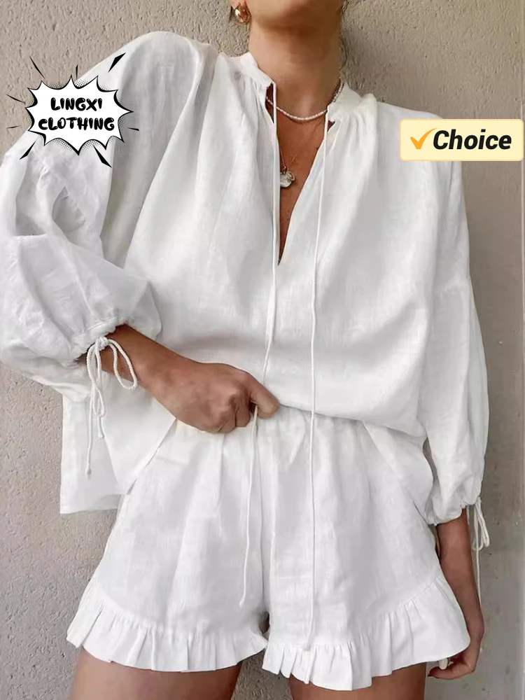 Женская хлопково-льняная блузка с v-образным вырезом и лентами повседневные