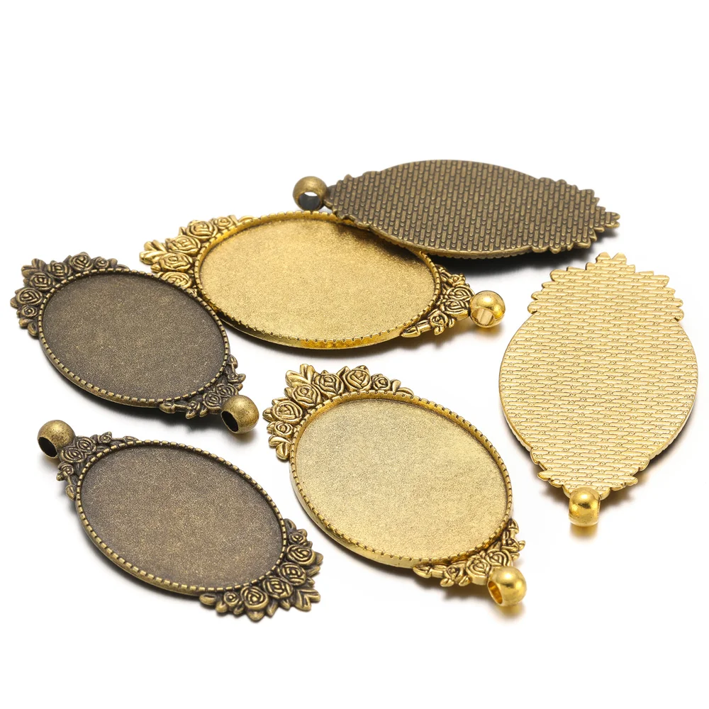 

5pcs 30x40mm Flowers Inner Size Antique Silver Plated Bronze And Black Simple Style Cabochon Base Setting Pendant
