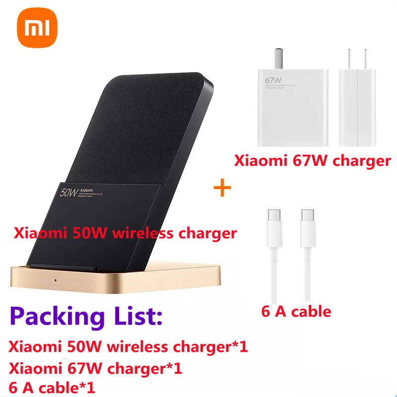 Original Xiaomi 50W wireless charger fast vertical air cooling belt 67W charger 6A C cable Xiaomi 11/12 Pro iPhone Samsung