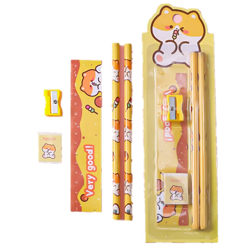 Kawaii Korean Stationery Set for Kids Gift Pencil Set with Rubber Ruler Cheap 5PC Holiday Gifts Prizes School Supplies Wholesale